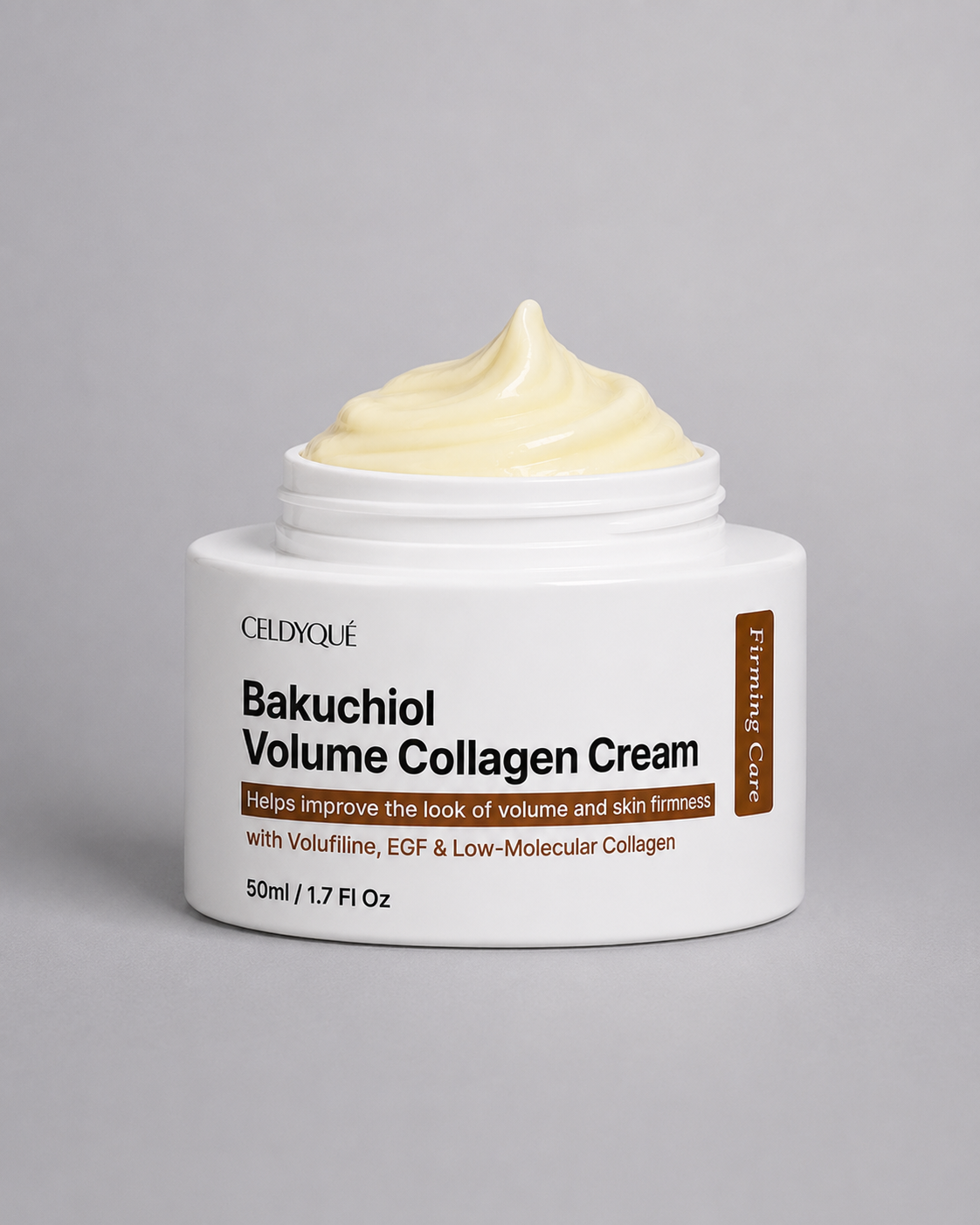 CELDYQUE Bakuchiol Volume Collagen Cream, 50 ml / 1.7 fl oz, open jar with cream texture